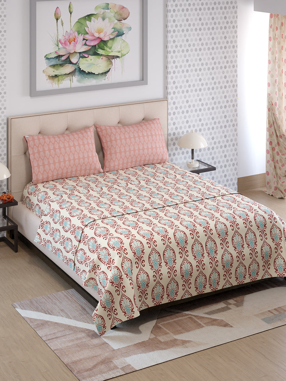 Ivy Microfibre 125 GSM Cream Ethnic 1 Double Size Bedsheet with 2 Pillow Covers