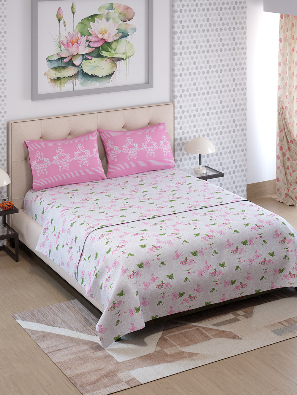 Ivy Microfibre 125 GSM Pink Grey Floral 1 Double Size Bedsheet with 2 Pillow Covers