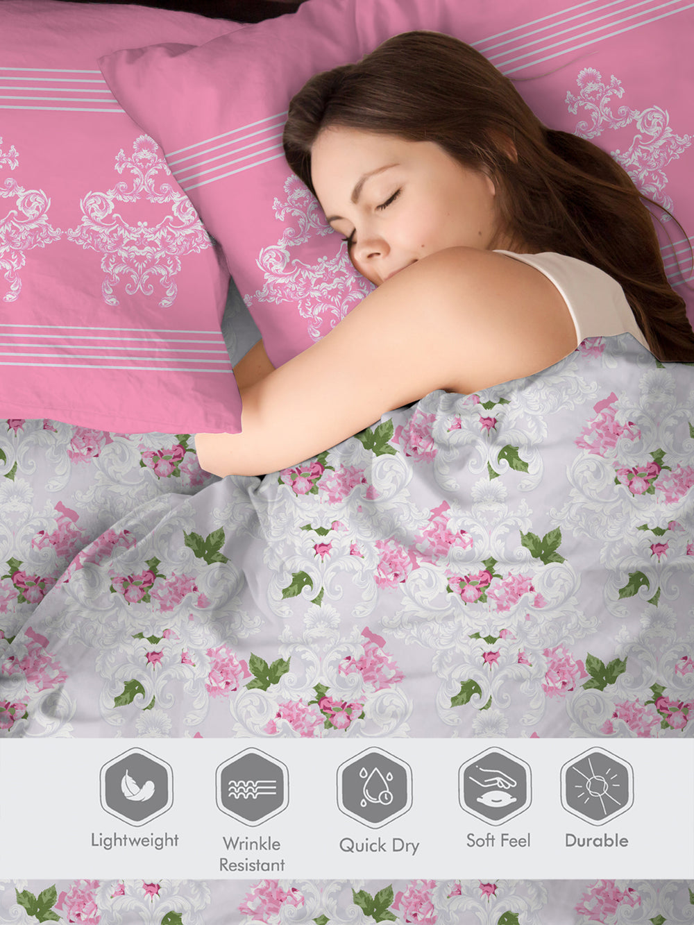 Ivy Microfibre 125 GSM Pink Grey Floral 1 Double Size Bedsheet with 2 Pillow Covers