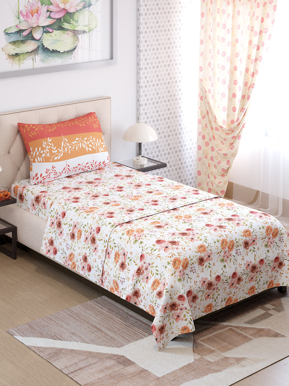 Ivy Microfibre 125 GSM White Orange Floral 1 Single Size Bedsheet with 1 Pillow Cover
