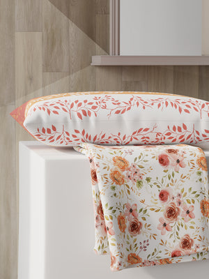 Ivy Microfibre 125 GSM White Orange Floral 1 Single Size Bedsheet with 1 Pillow Cover