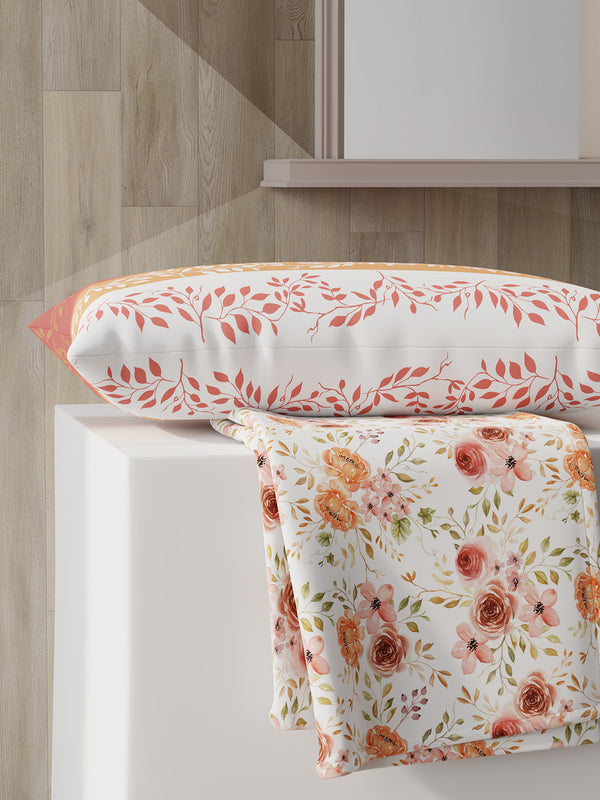 Ivy Microfibre 125 GSM White Orange Floral 1 Single Size Bedsheet with 1 Pillow Cover