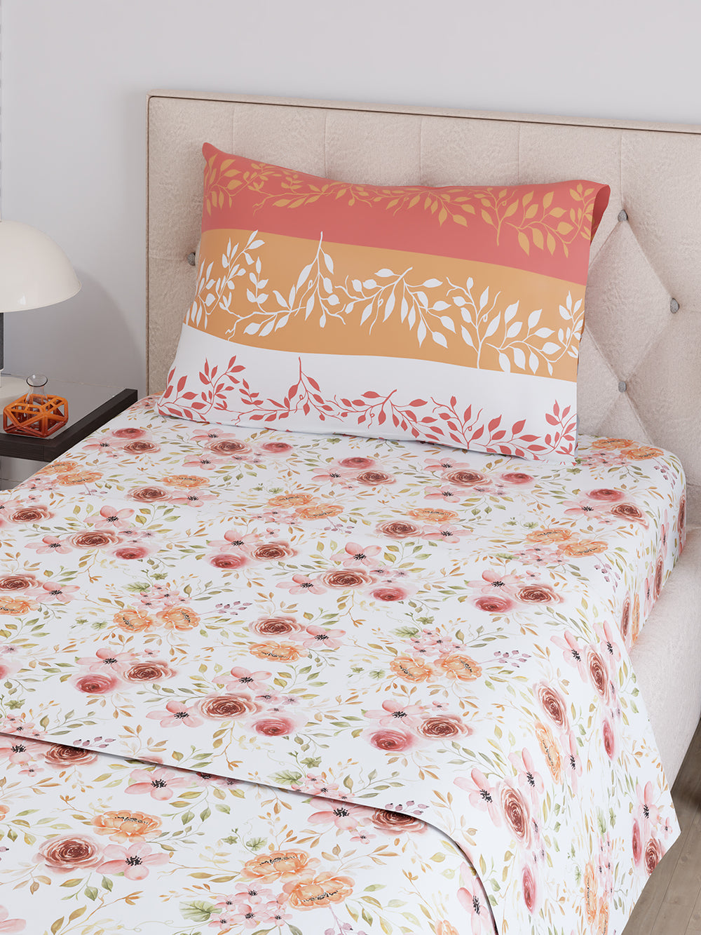 Ivy Microfibre 125 GSM White Orange Floral 1 Single Size Bedsheet with 1 Pillow Cover