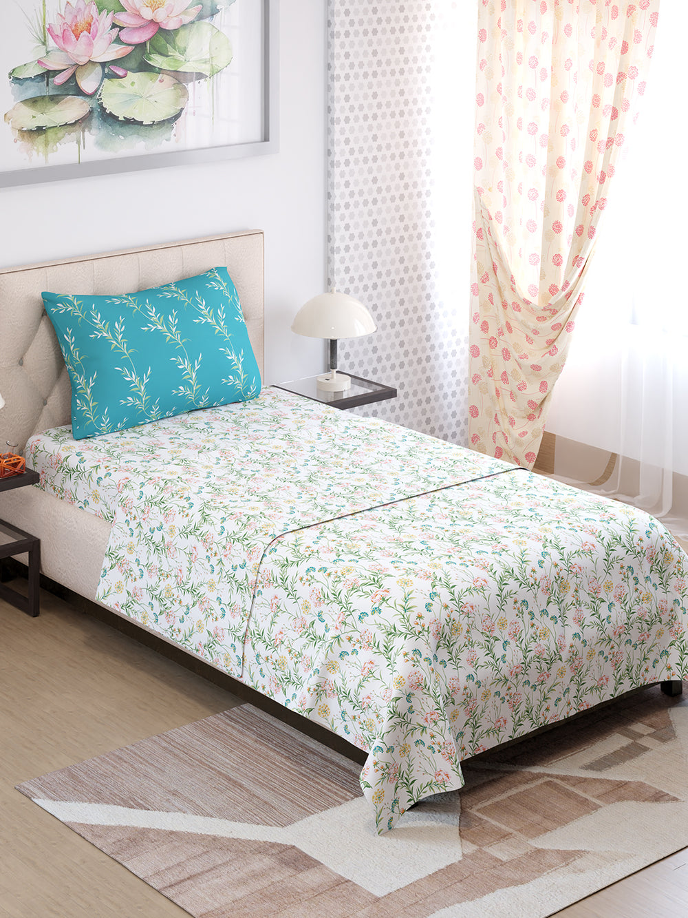 Ivy Microfibre 125 GSM White Blue Floral 1 Single Size Bedsheet with 1 Pillow Cover