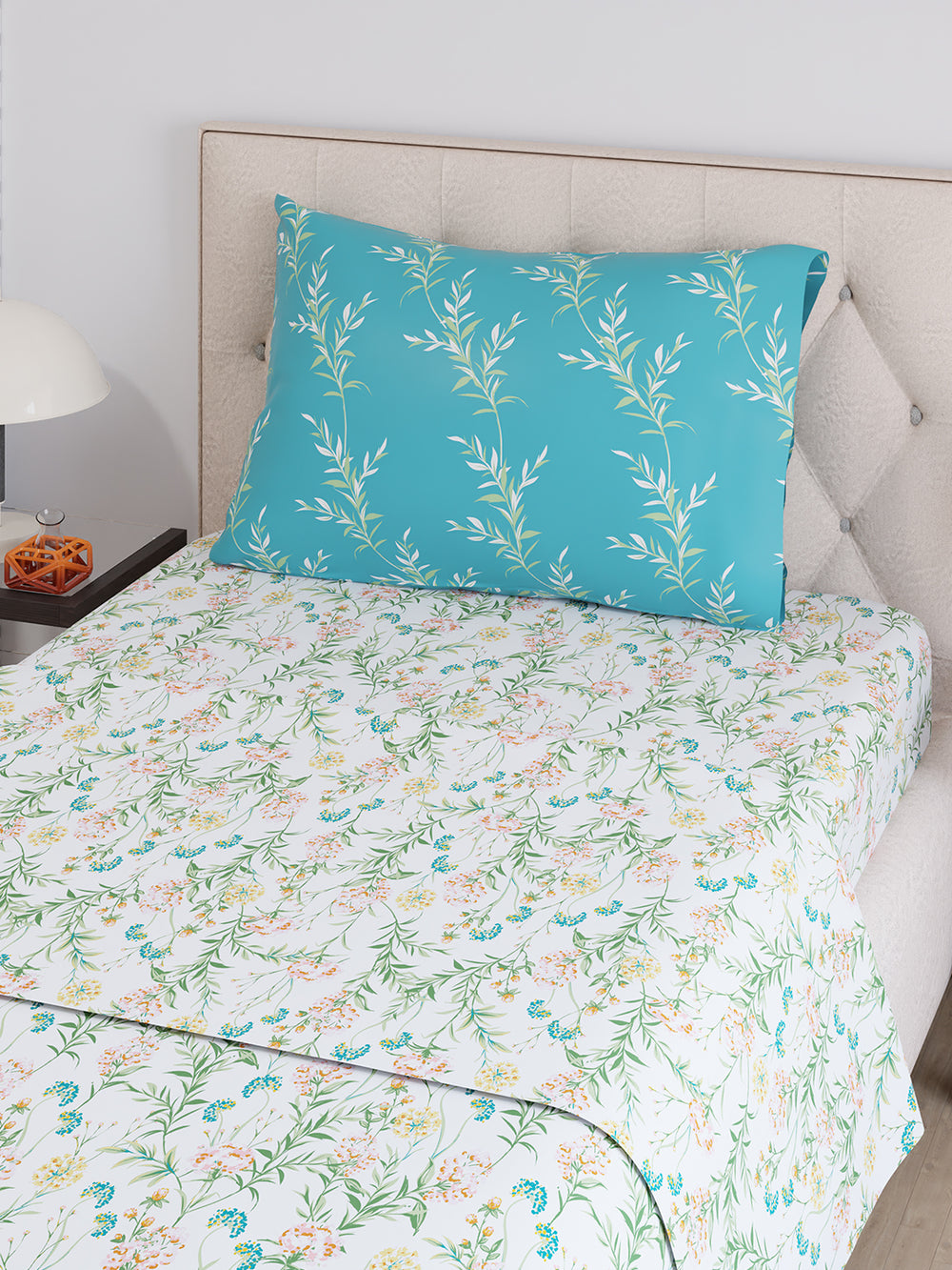 Ivy Microfibre 125 GSM White Blue Floral 1 Single Size Bedsheet with 1 Pillow Cover