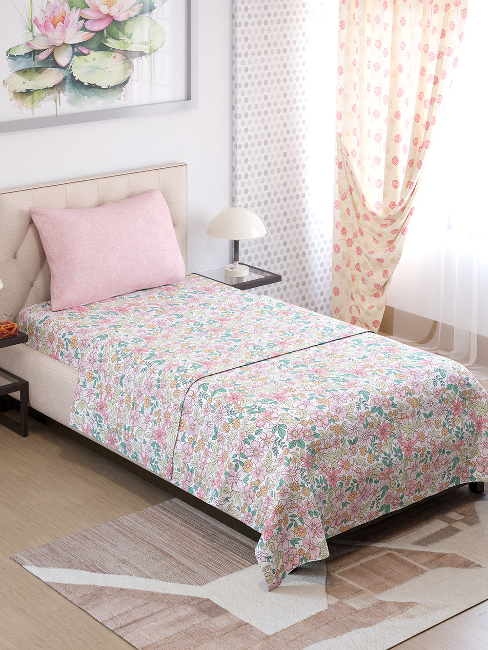 Ivy Microfibre 125 GSM Multicolor Floral 1 Single Size Bedsheet with 1 Pillow Cover