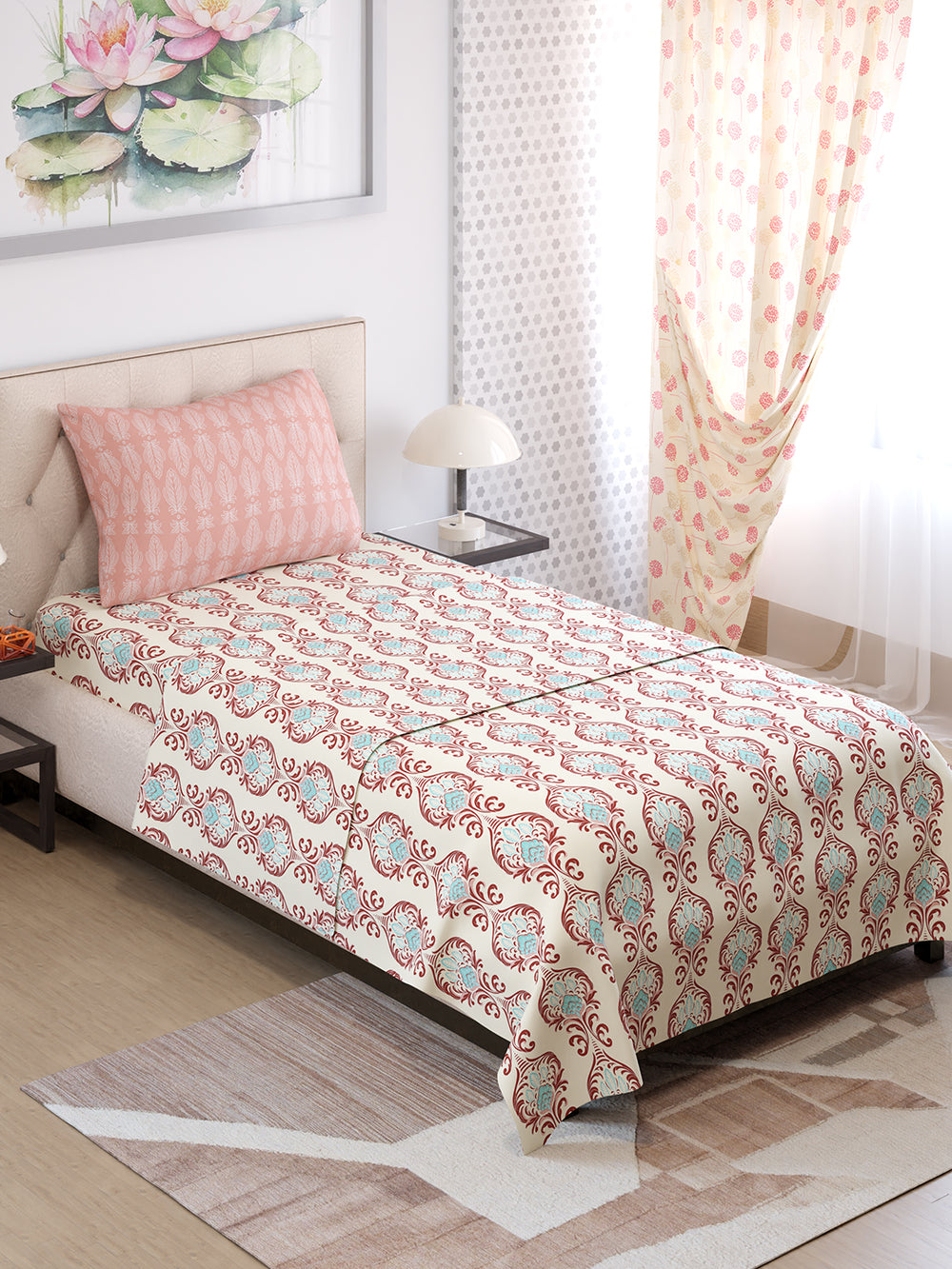 Ivy Microfibre 125 GSM Cream Ethnic 1 Single Size Bedsheet with 1 Pillow Cover