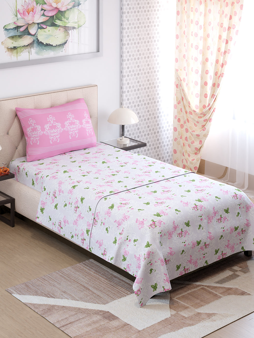 Ivy Microfibre 125 GSM Pink White Floral 1 Single Size Bedsheet with 1 Pillow Cover