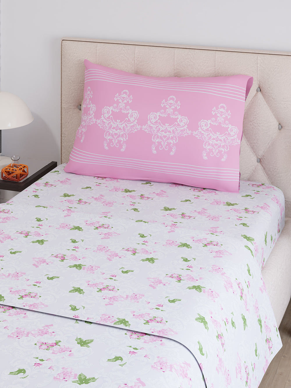 Ivy Microfibre 125 GSM Pink White Floral 1 Single Size Bedsheet with 1 Pillow Cover
