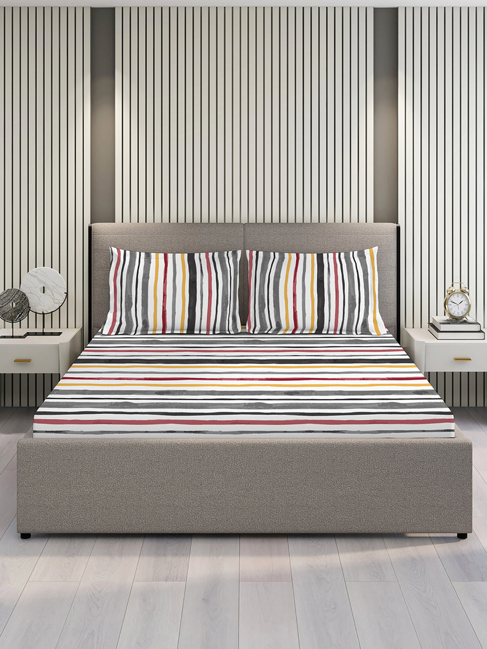 Argos 225 CVC Grey Stripes 1 King Size Bedsheet with 2 Pillow Covers