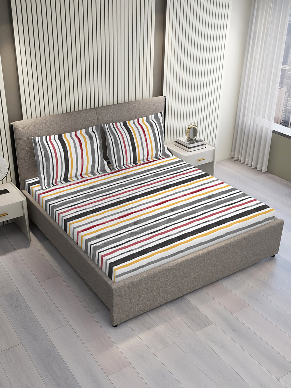 Argos 225 CVC Grey Stripes 1 King Size Bedsheet with 2 Pillow Covers