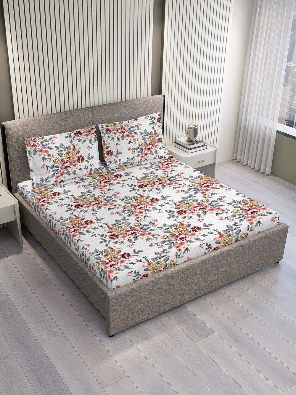 Argos 225 CVC Multicolor Floral 1 King Size Bedsheet with 2 Pillow Covers