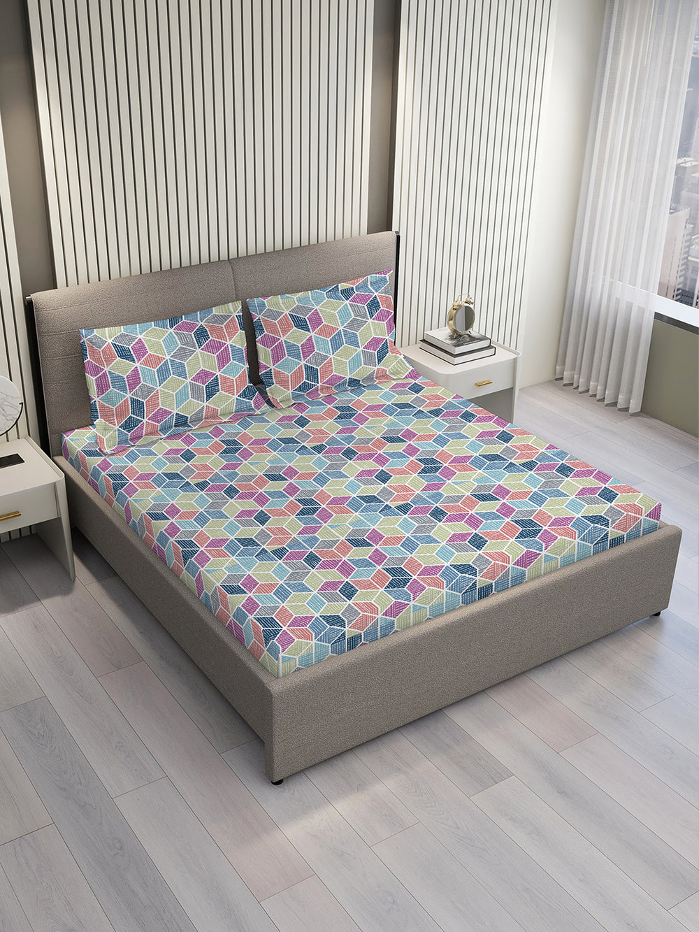 Argos 225 CVC Multicolor Geometrical 1 King Size Bedsheet with 2 Pillow Covers