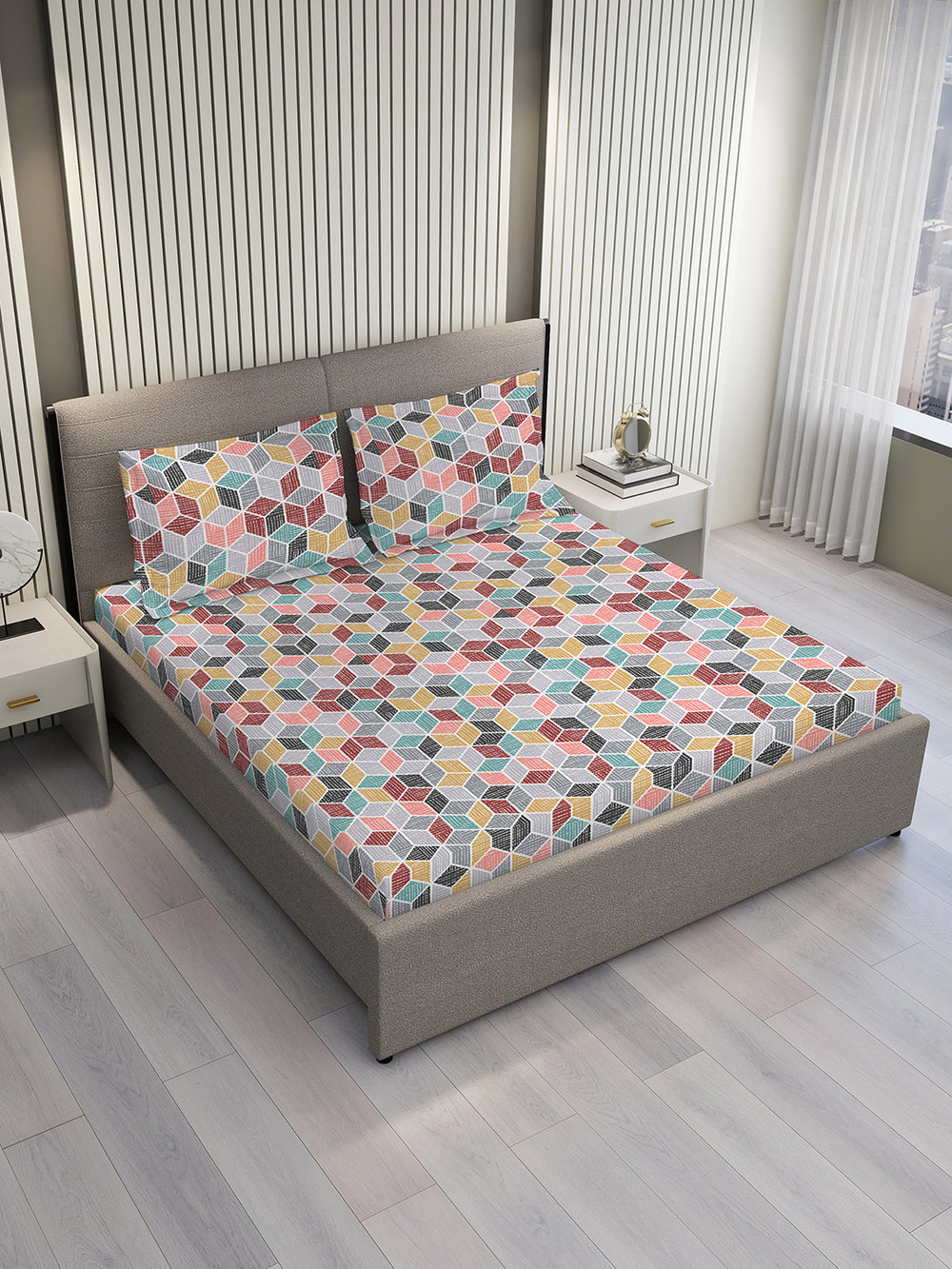 Argos 225 CVC Multicolor Geometrical 1 King Size Bedsheet with 2 Pillow Covers