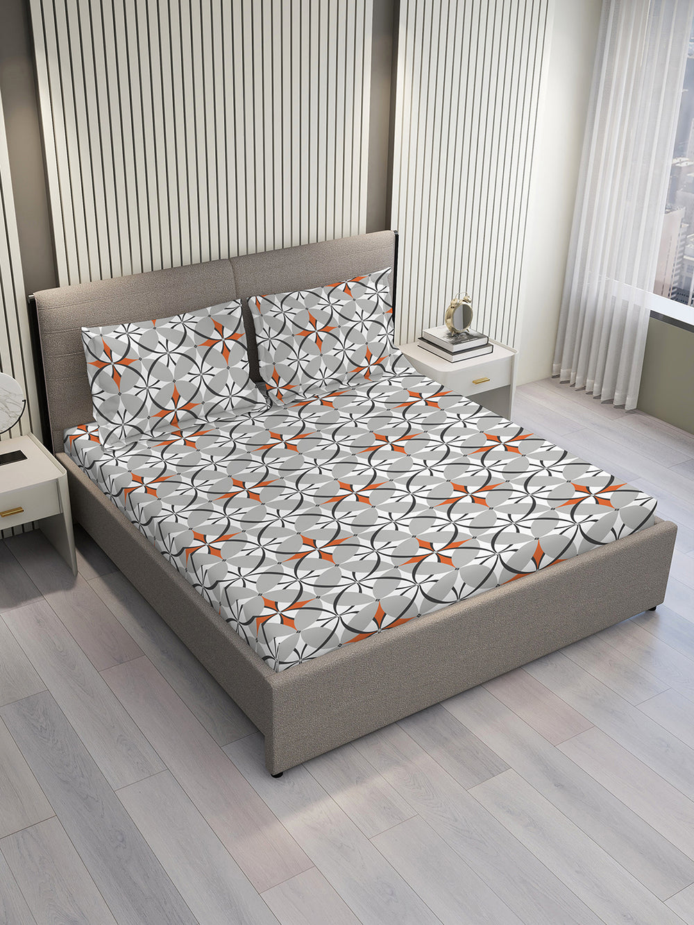 Argos 225 CVC Grey Geometrical 1 King Size Bedsheet with 2 Pillow Covers