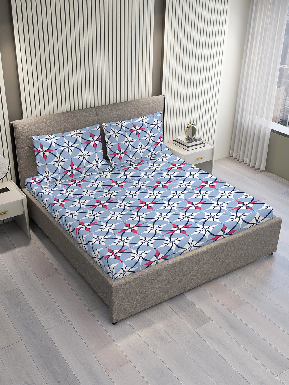 Argos 225 CVC Blue Geometrical 1 King Size Bedsheet with 2 Pillow Covers