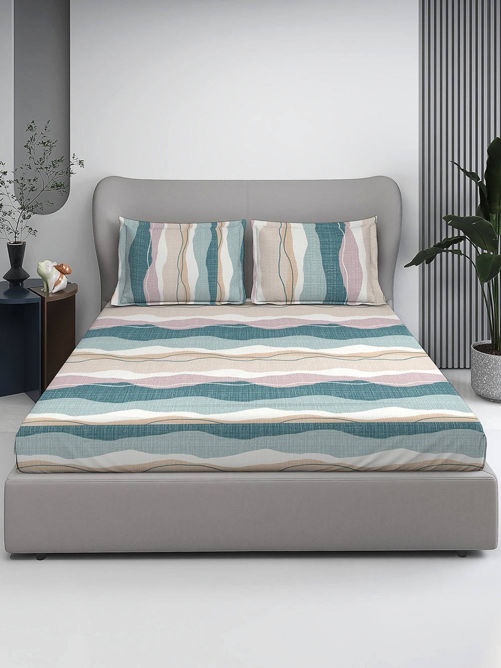 Firenze Floret 100% Cotton 146 TC Blue Grey Stripes 1 King Size Bedsheet with 2 Pillow Covers