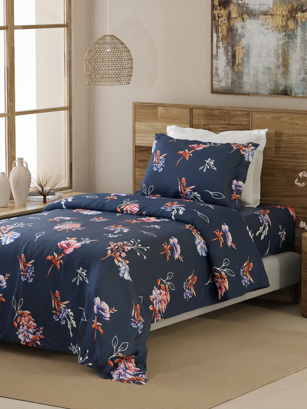 Emaline 100% Cotton 144 TC Navy Floral 1 Single Size Bedsheet with 1 Pillow Cover