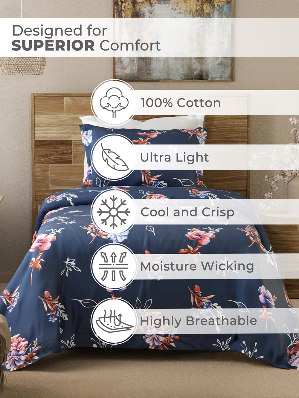 Emaline 100% Cotton 144 TC Navy Floral 1 Single Size Bedsheet with 1 Pillow Cover