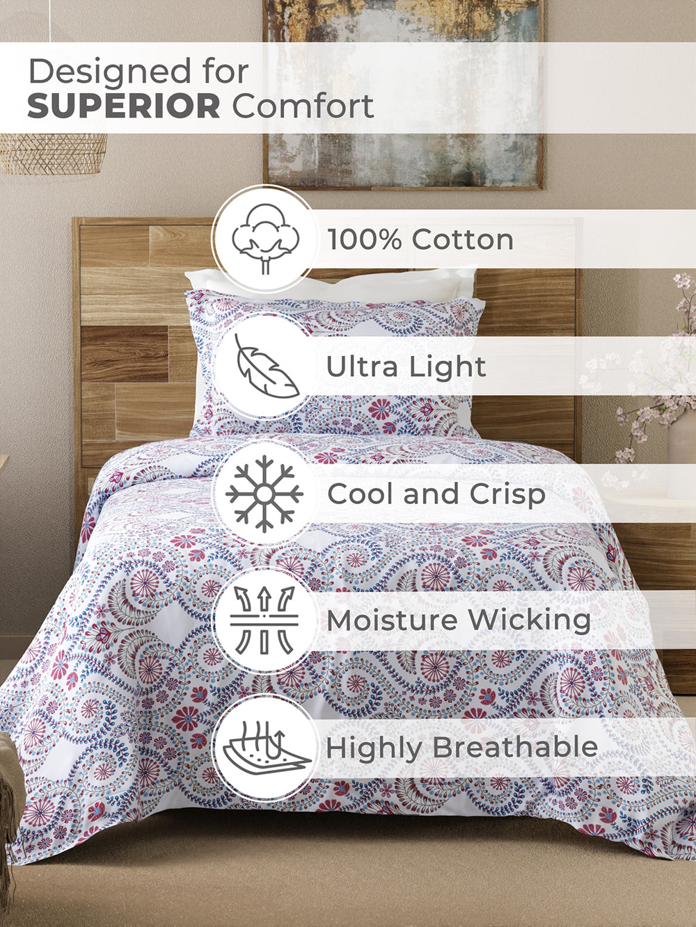 Emaline 100% Cotton 144 TC Light Blue Ethnic 1 Single Size Bedsheet with 1 Pillow Cover