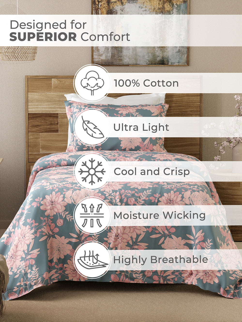 Emaline 100% Cotton 144 TC Multicolor Floral 1 Single Size Bedsheet with 1 Pillow Cover