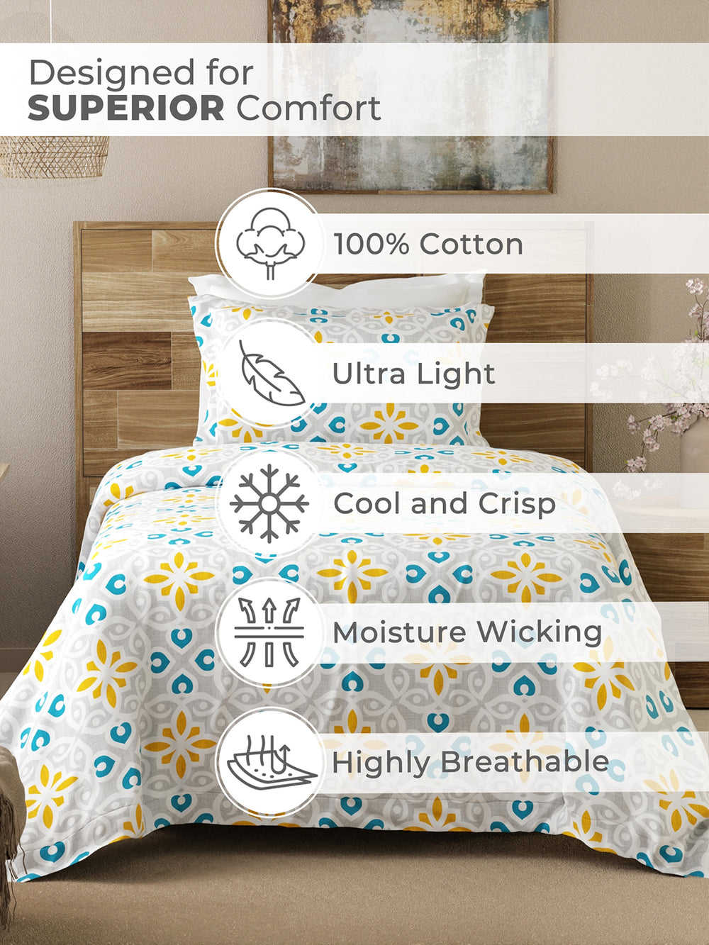 Emaline 100% Cotton 144 TC Grey Ethnic 1 Single Size Bedsheet with 1 Pillow Cover
