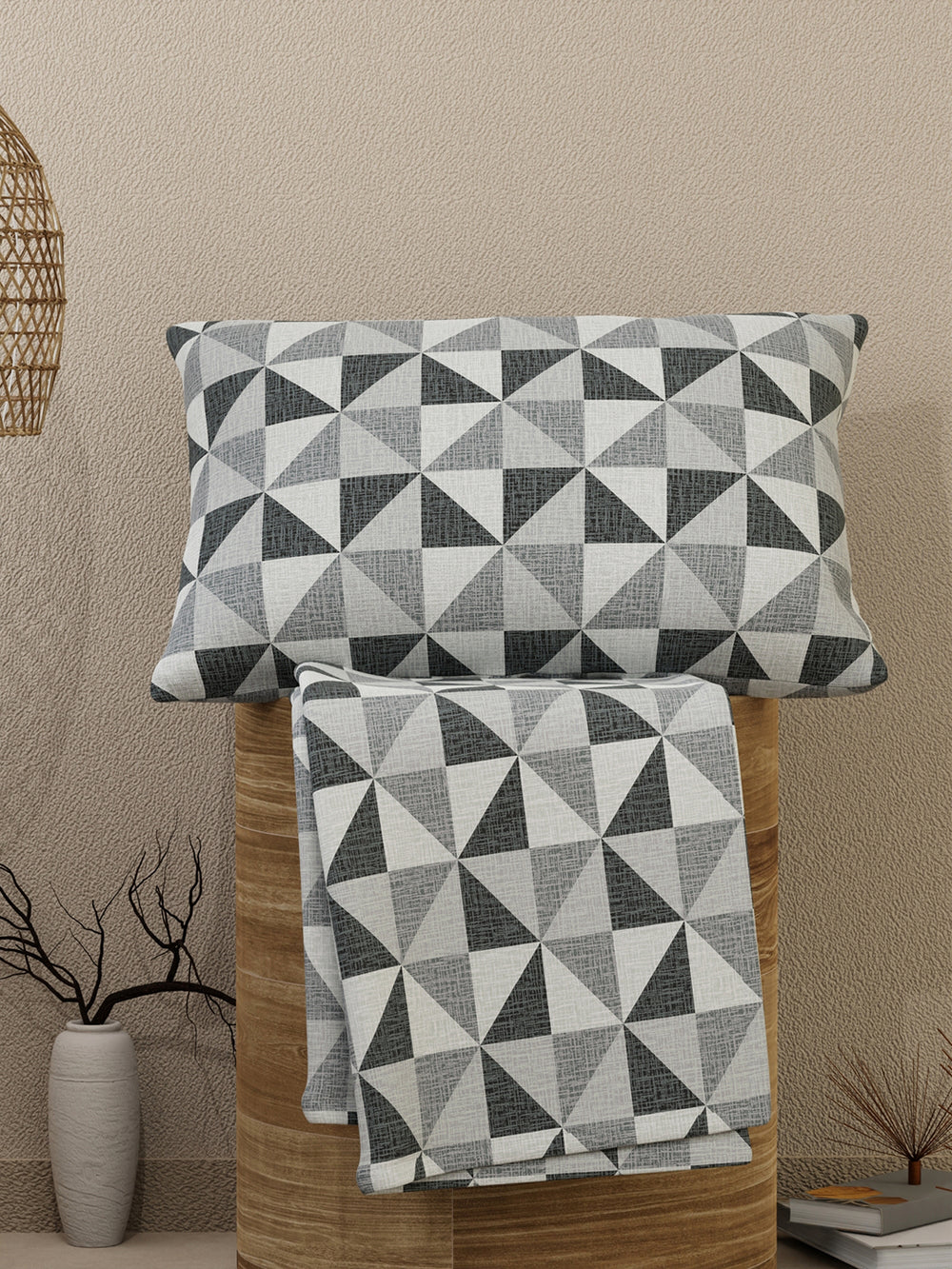 Emaline 100% Cotton 144 TC Grey Geometrical 1 Single Size Bedsheet with 1 Pillow Cover