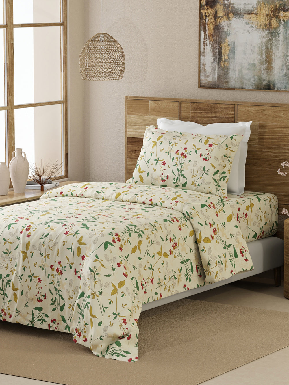 Emaline 100% Cotton 144 TC Cream Floral 1 Single Size Bedsheet with 1 Pillow Cover