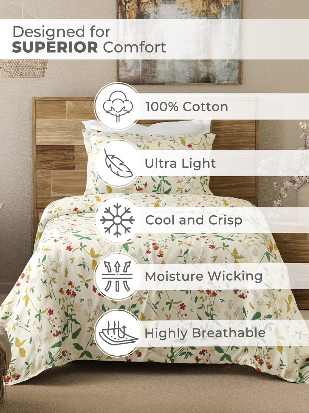 Emaline 100% Cotton 144 TC Cream Floral 1 Single Size Bedsheet with 1 Pillow Cover