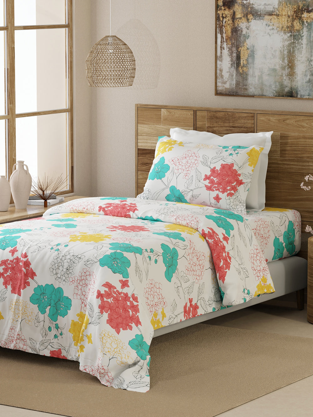 Emaline 100% Cotton 144 TC Multicolor Floral 1 Single Size Bedsheet with 1 Pillow Cover
