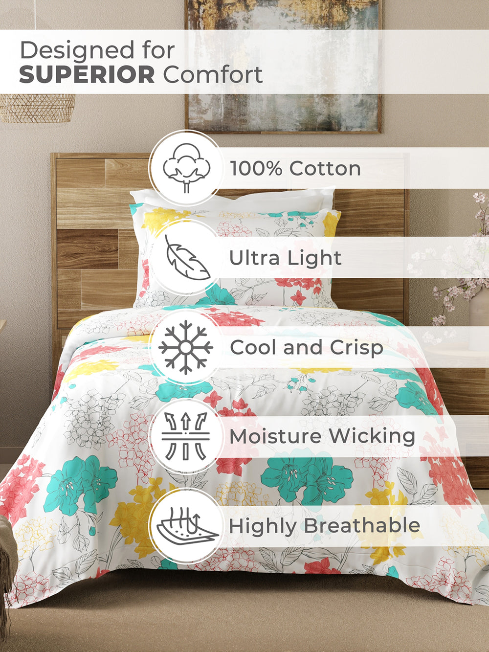 Emaline 100% Cotton 144 TC Multicolor Floral 1 Single Size Bedsheet with 1 Pillow Cover