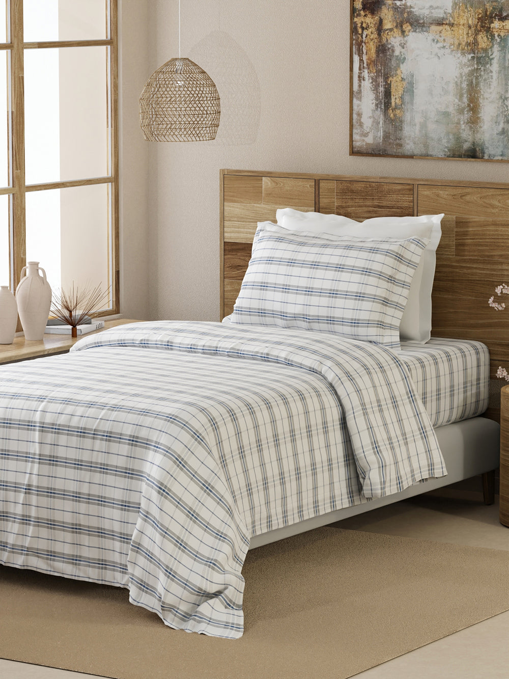 Emaline 100% Cotton 144 TC White Geometrical 1 Single Size Bedsheet with 1 Pillow Cover