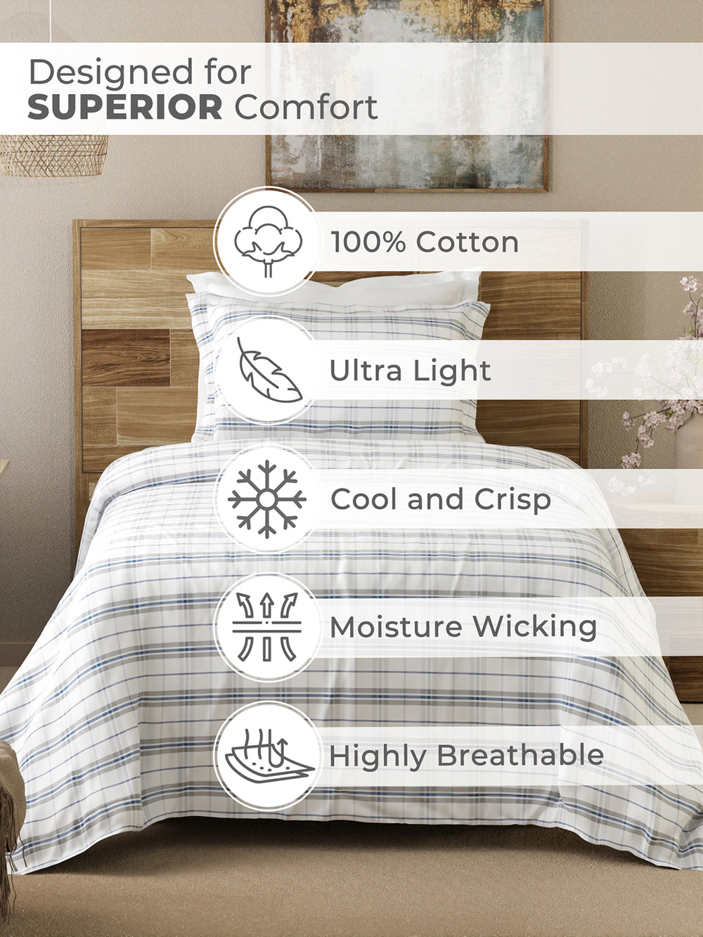 Emaline 100% Cotton 144 TC White Geometrical 1 Single Size Bedsheet with 1 Pillow Cover