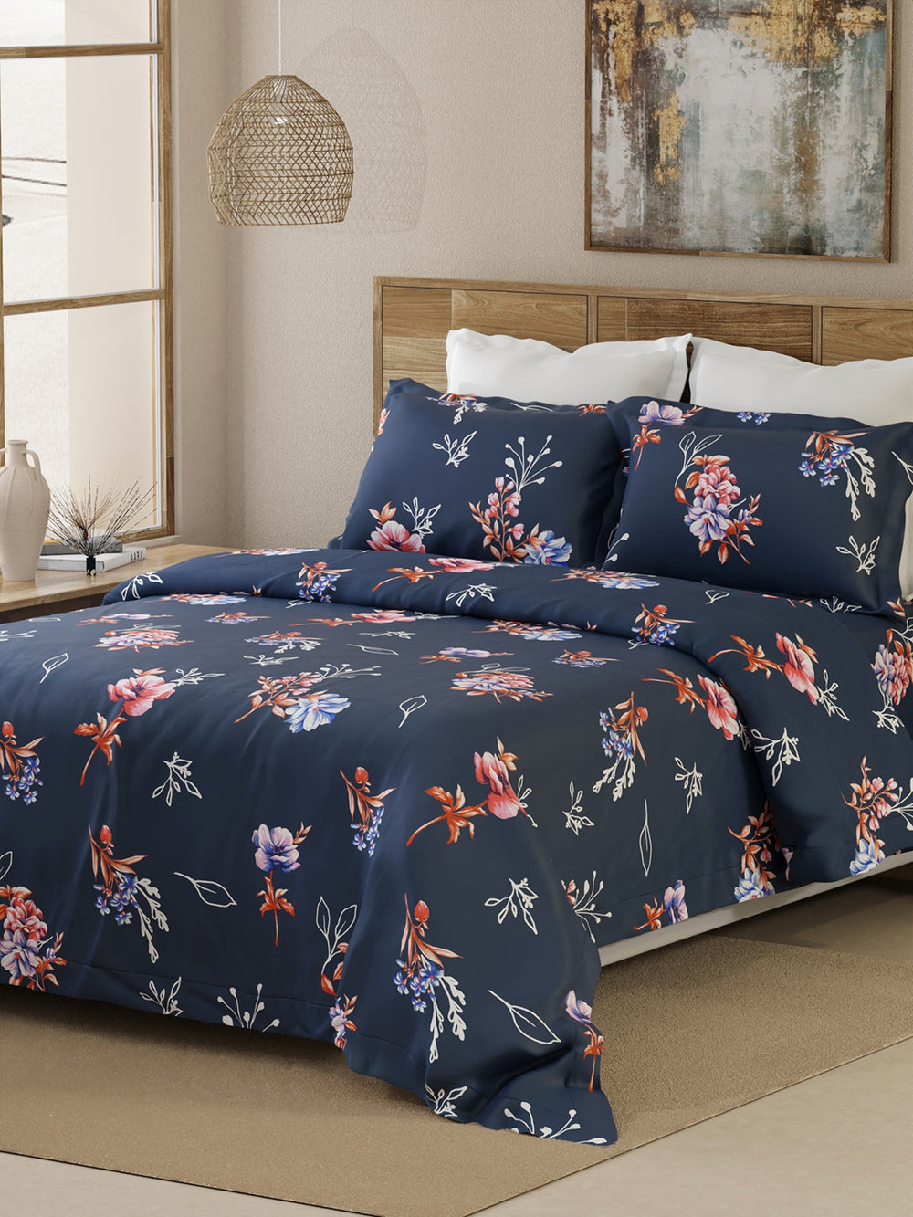 Emaline 100% Cotton 144 TC Navy Floral 1 Double Size Bedsheet with 2 Pillow Covers