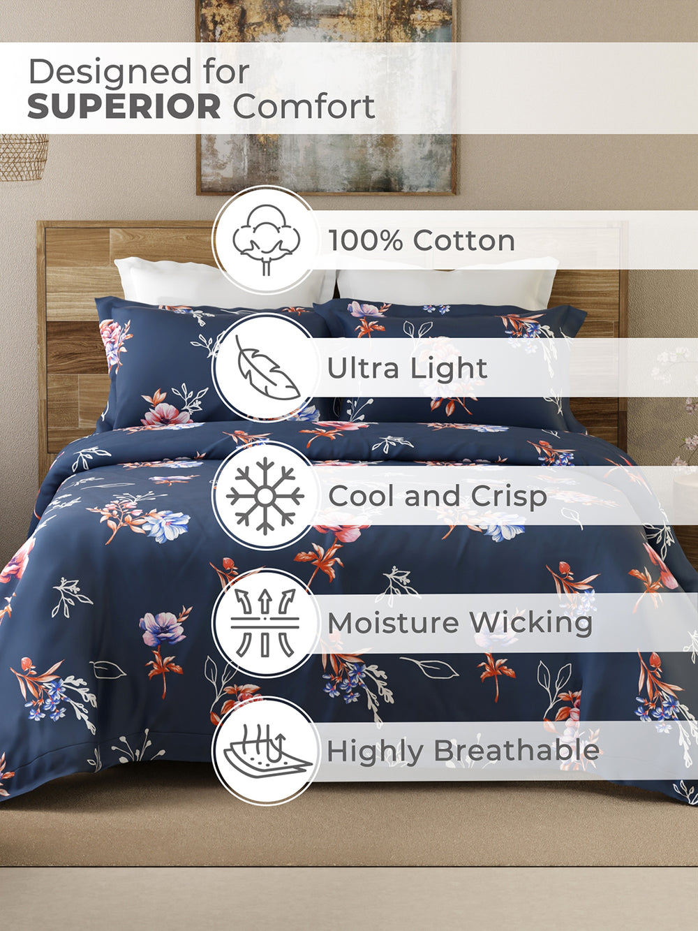 Emaline 100% Cotton 144 TC Navy Floral 1 Double Size Bedsheet with 2 Pillow Covers