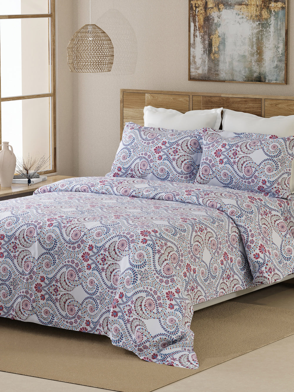 Emaline 100% Cotton 144 TC Light Blue Ethnic 1 Double Size Bedsheet with 2 Pillow Covers