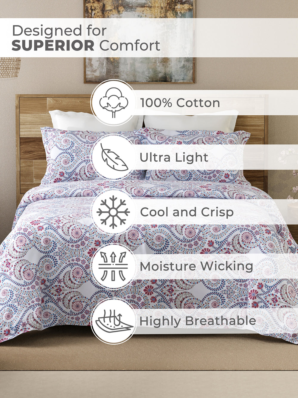 Emaline 100% Cotton 144 TC Light Blue Ethnic 1 Double Size Bedsheet with 2 Pillow Covers