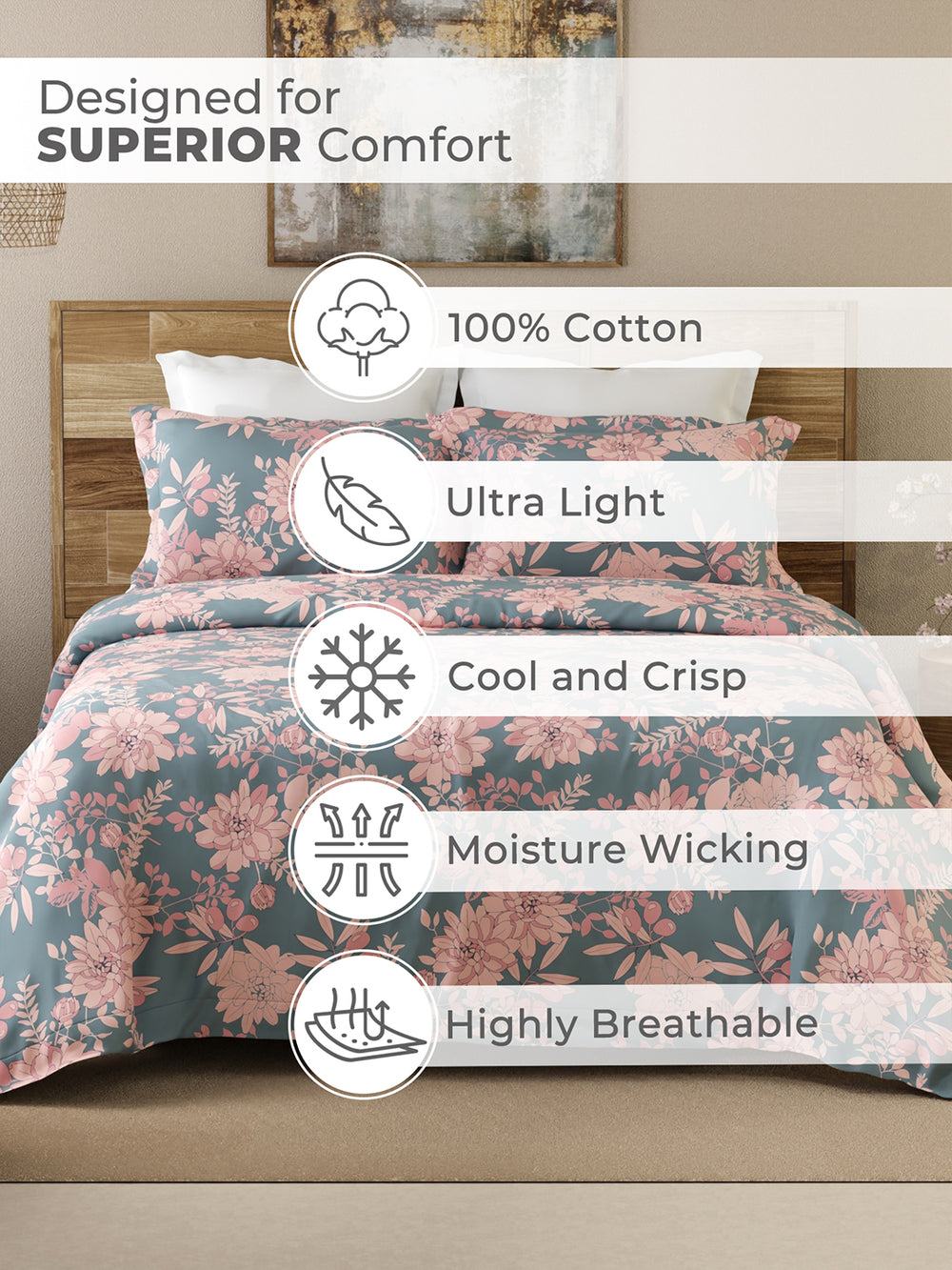 Emaline 100% Cotton 144 TC Multicolor Floral 1 Double Size Bedsheet with 2 Pillow Covers