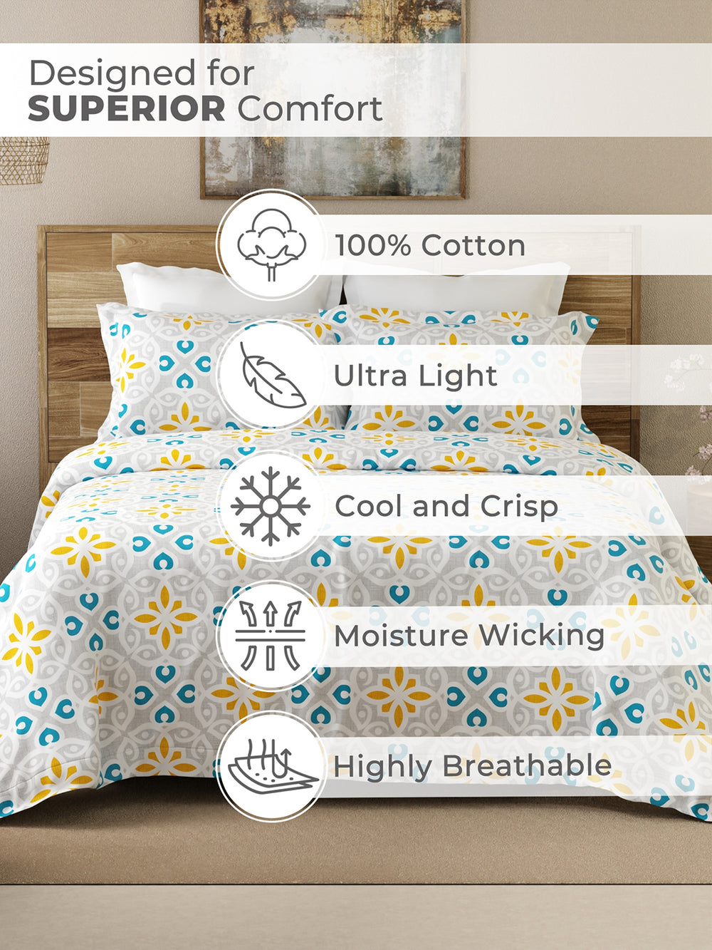 Emaline 100% Cotton 144 TC Grey Ethnic 1 Double Size Bedsheet with 2 Pillow Covers