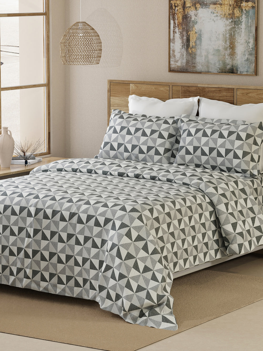 Emaline 100% Cotton 144 TC Grey Geometrical 1 Double Size Bedsheet with 2 Pillow Covers