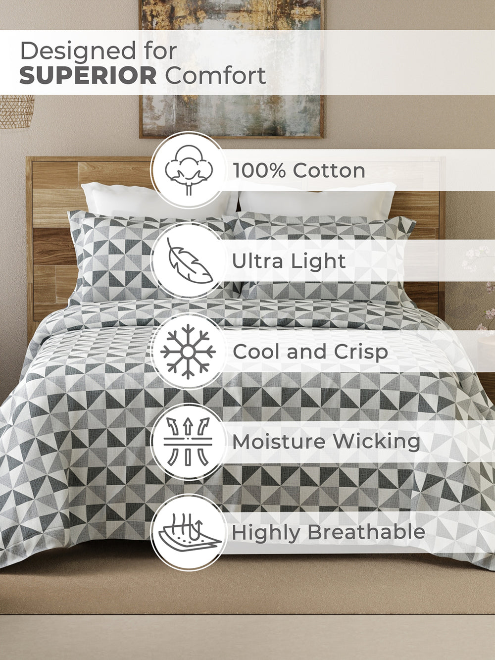 Emaline 100% Cotton 144 TC Grey Geometrical 1 Double Size Bedsheet with 2 Pillow Covers