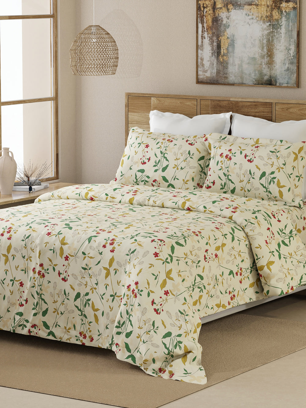 Emaline 100% Cotton 144 TC Cream Floral 1 Double Size Bedsheet with 2 Pillow Covers