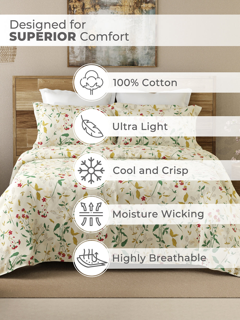 Emaline 100% Cotton 144 TC Cream Floral 1 Double Size Bedsheet with 2 Pillow Covers
