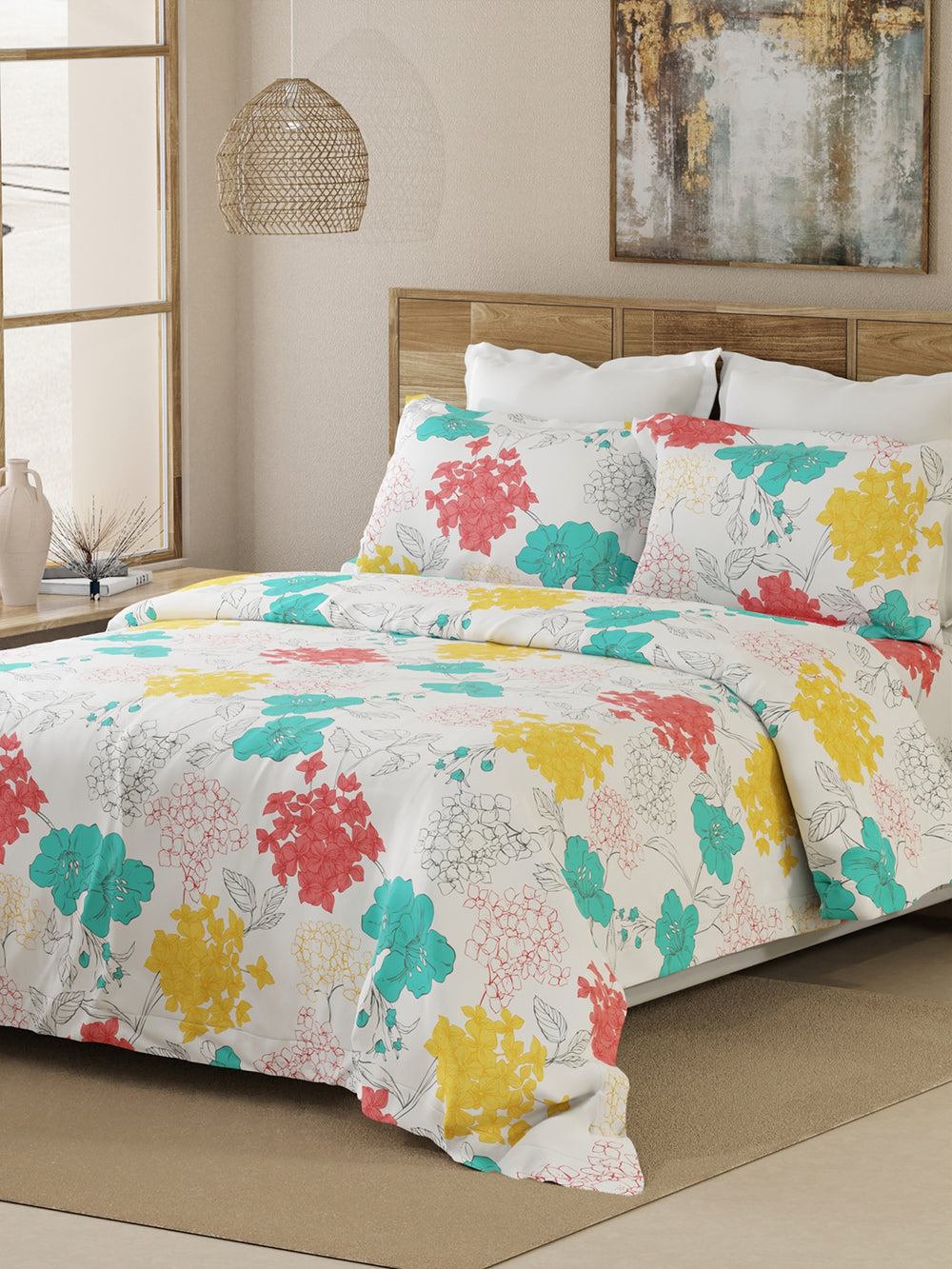 Emaline 100% Cotton 144 TC Multicolor Floral 1 Double Size Bedsheet with 2 Pillow Covers