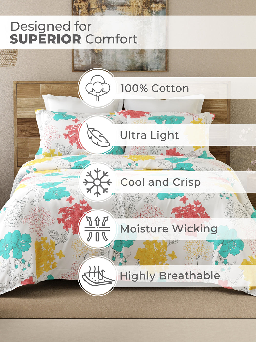 Emaline 100% Cotton 144 TC Multicolor Floral 1 Double Size Bedsheet with 2 Pillow Covers