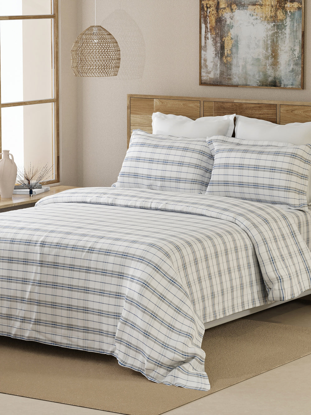 Emaline 100% Cotton 144 TC White Geometrical 1 Double Size Bedsheet with 2 Pillow Covers