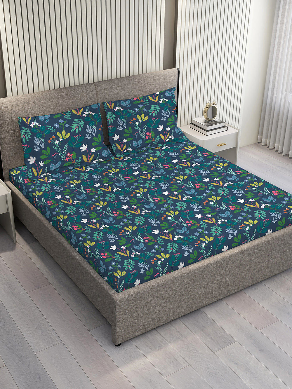 Blossom Microfibre 125 GSM Navy Floral 1 Double Size Bedsheet with 2 Pillow Covers