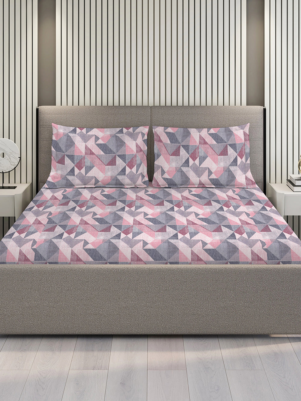 Blossom Microfibre 125 GSM Pink Grey Geometrical 1 Double Size Bedsheet with 2 Pillow Covers
