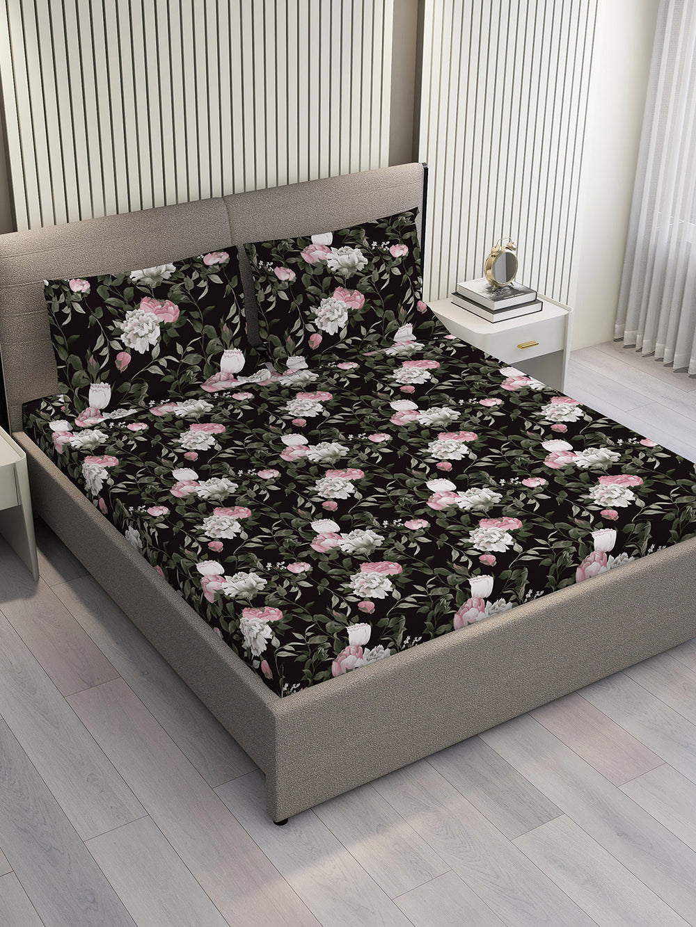 Blossom Microfibre 125 GSM Black Floral 1 Double Size Bedsheet with 2 Pillow Covers