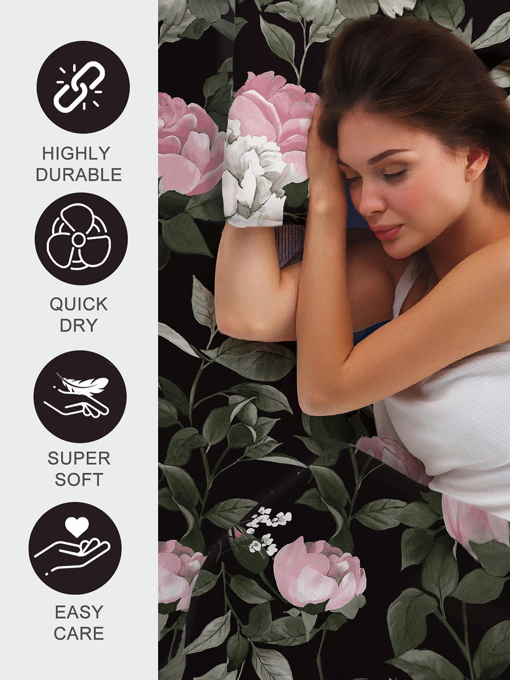 Blossom Microfibre 125 GSM Black Floral 1 Double Size Bedsheet with 2 Pillow Covers